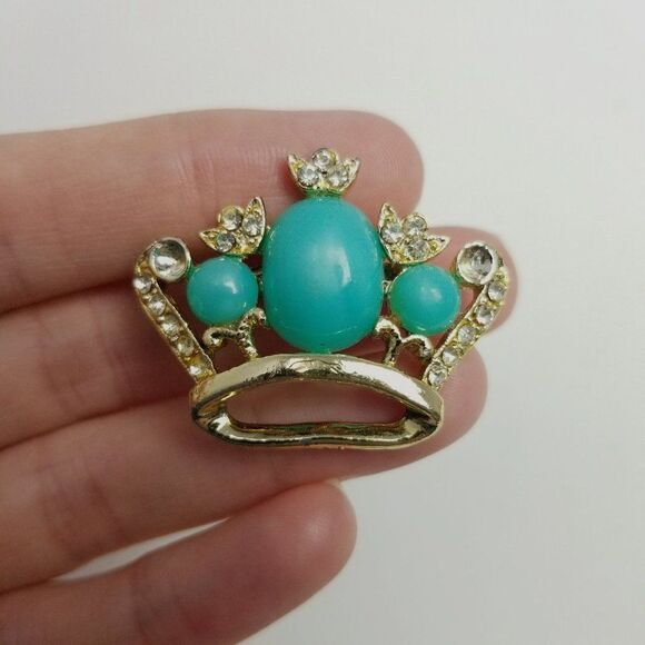Vintage Crown Shape Rhinestone Brooch, Blue Cabochon Center, Retro Estate - Picture 7 of 7